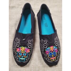 TOMS Alpargata Black Sugar Skull Shoes Day of the Dead Embroidered Slip On 7 NEW